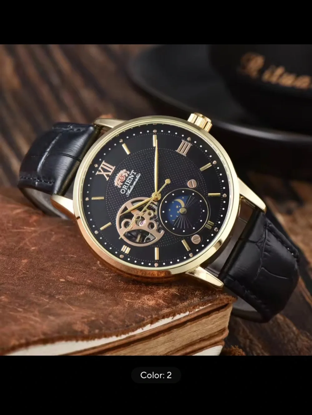 New Orient Gold-Tone Mechanical Watch with Black Dial and Black Leather Strap